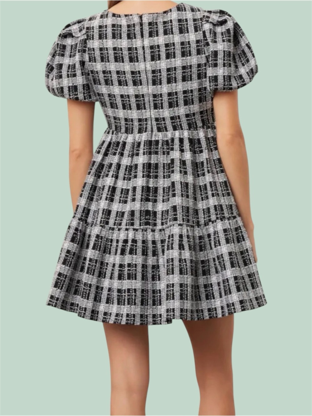 English Factory Black and White Puff Sleeve Tweed Mini Dress - Picture 2 of 10